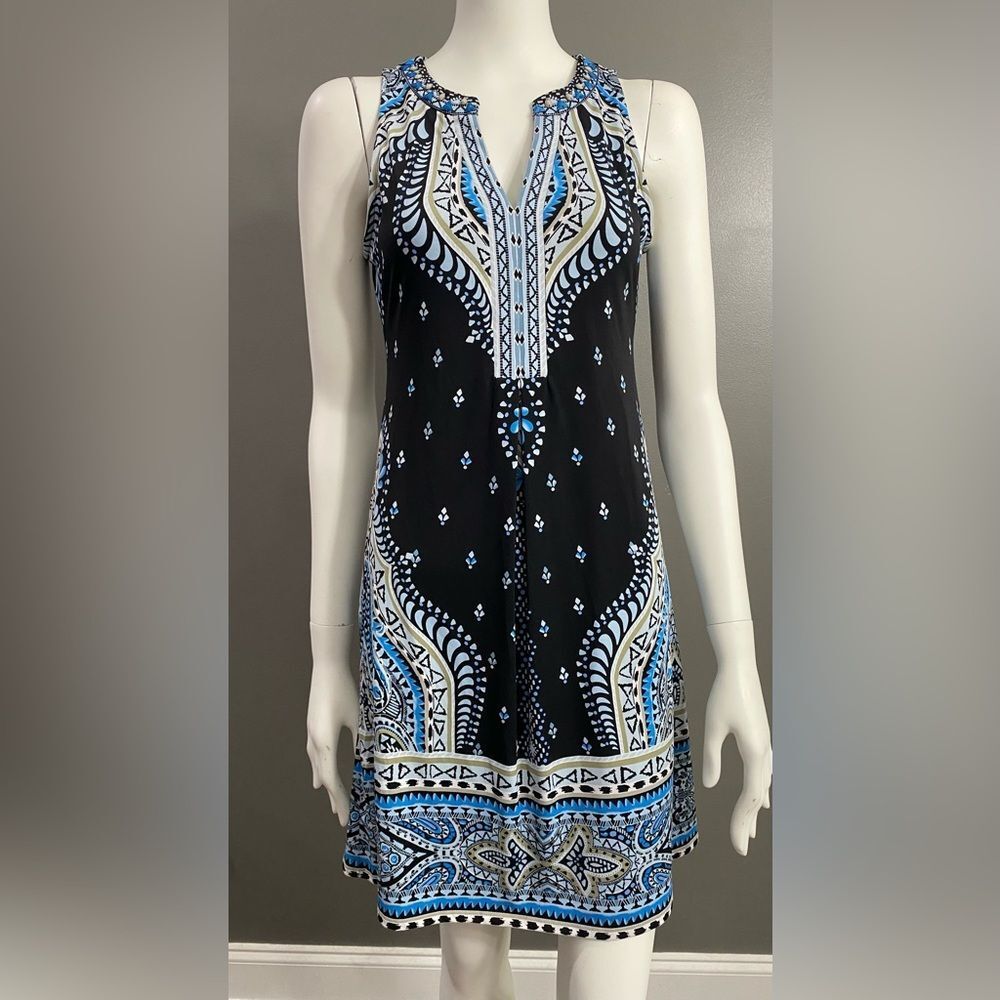 Hale Bob Black and Blue Patterned Dress Beaded neckline Size XS